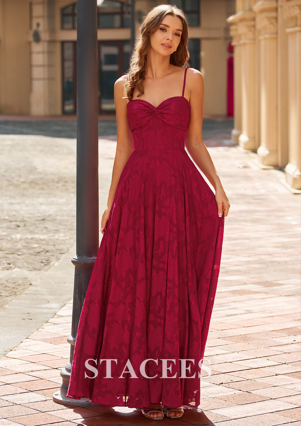 Burgundy A-line Spaghetti Strap Jacquard Prom Dress with Ruched Bodice Slit - STACEES