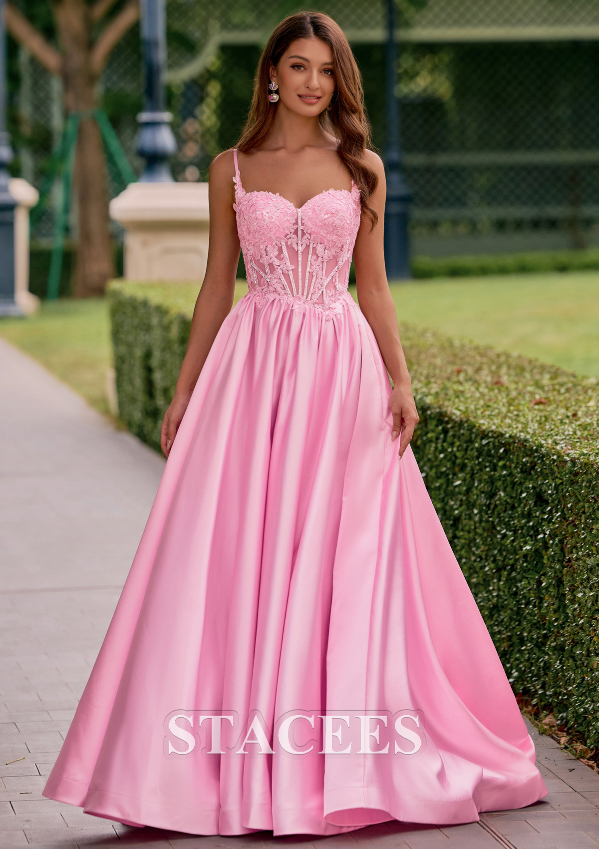 Blushing Pink A-line Beaded Sheer Corset Floor-Length Satin Prom Dress with Pockets  - STACEES