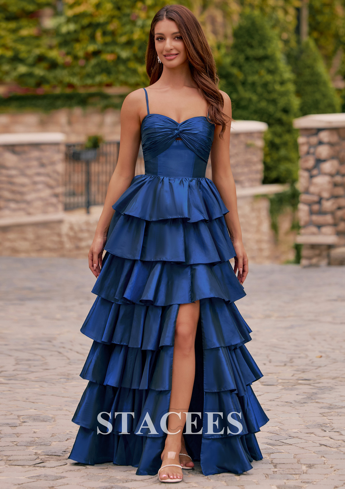 Dark Navy A-line Ruched Taffeta Tiered Ruffled Prom Dress with Keyhole Slit - STACEES