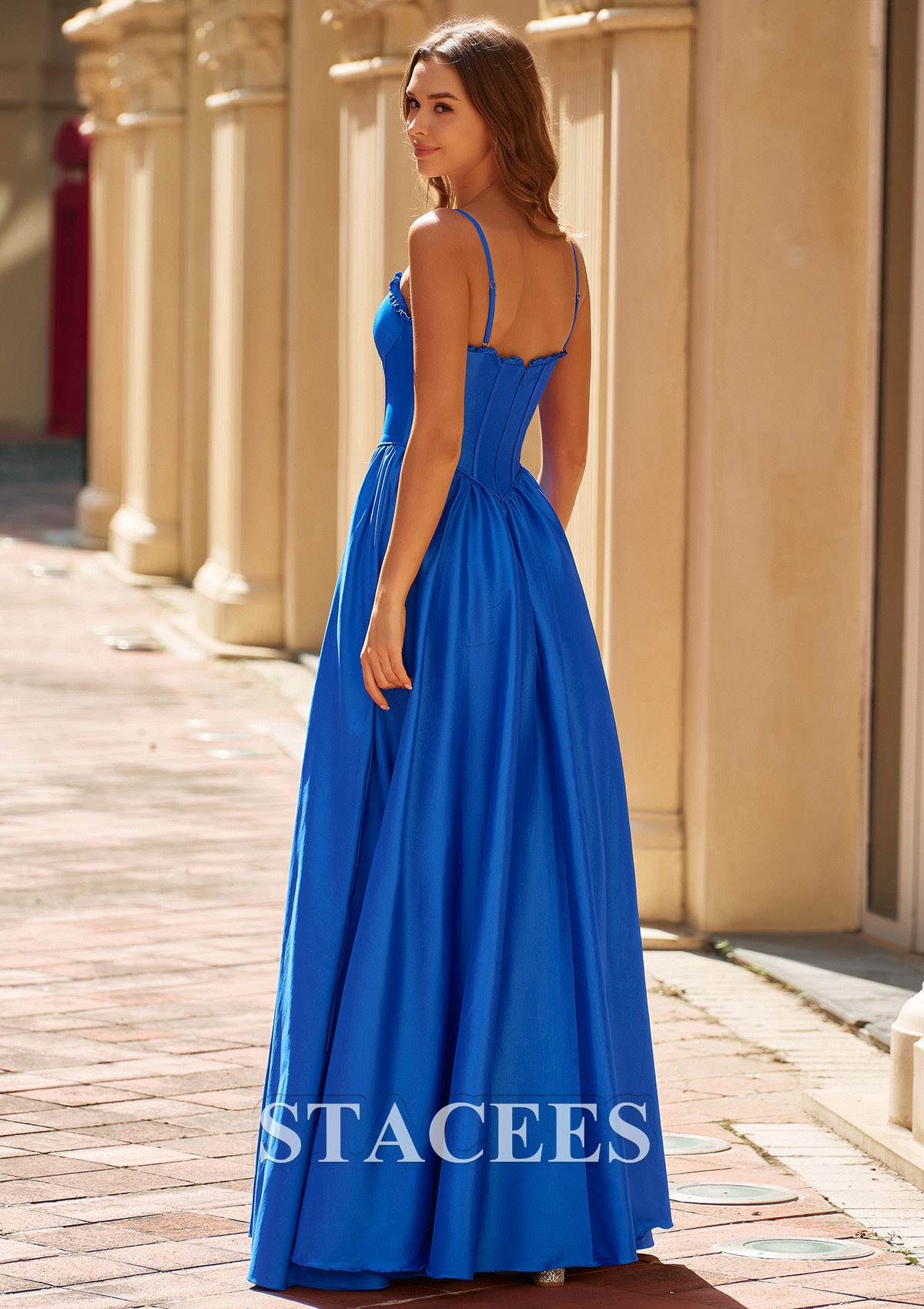 Bleu Royal Trapèze cache coeur taffetas longueur ras du sol robe de bal avec plissé - STACEES