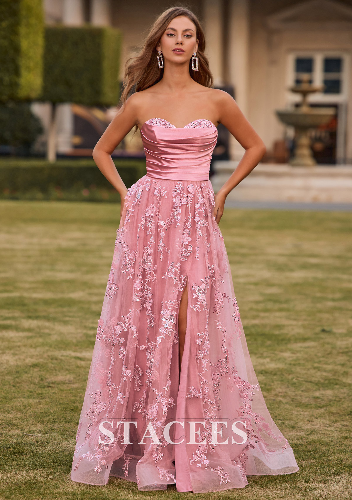 Mauve Vestido línea a cuello de corazón tul cola de barrido vestido de graduación - STACEES