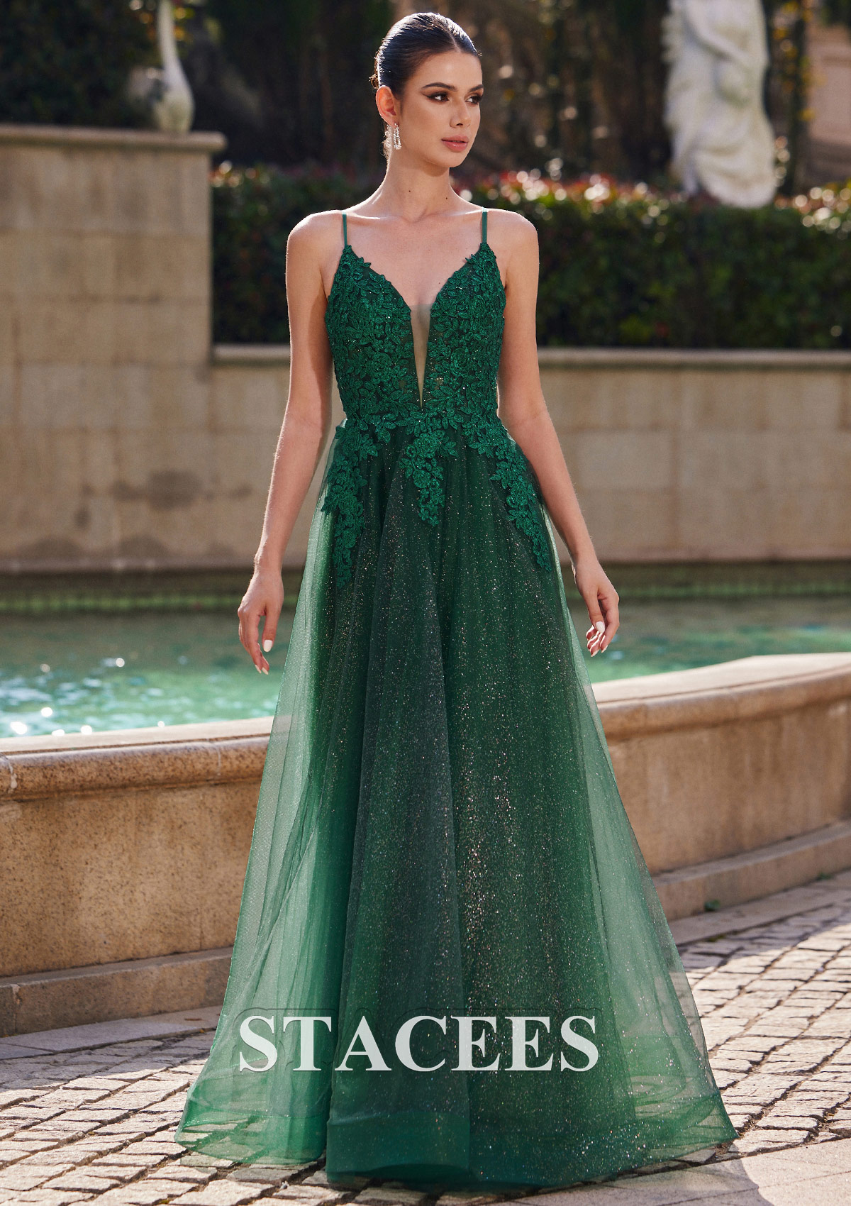Dark Green Vestido línea a escote en v tul hasta el suelo vestido de graduación - STACEES
