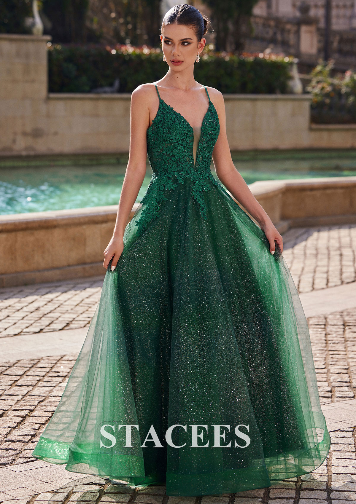 Dark Green Vestido línea a escote en v tul hasta el suelo vestido de graduación - STACEES