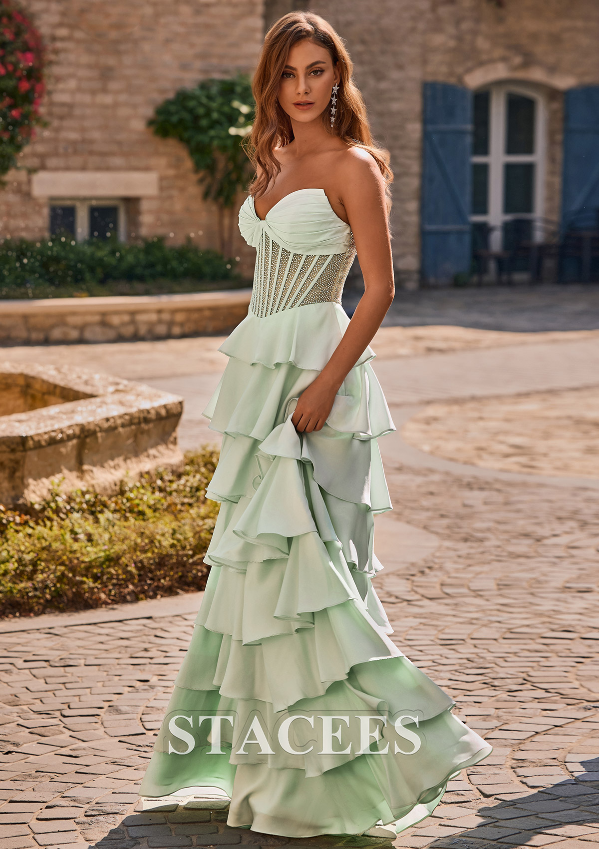 As Picture A-line Strapless Tiered Ruffles Prom Dress with Beading Pleated Corset Bodice - STACEES