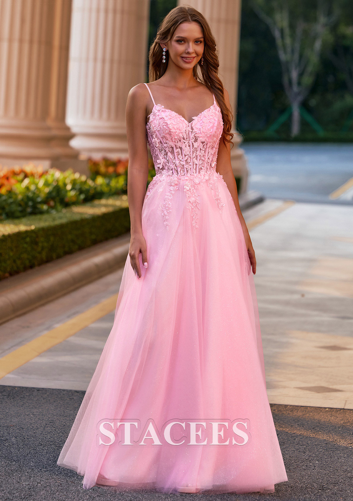 Blushing Pink A-line V Neck Floral Applique Sheer Corset Glittered Tulle Prom Dress - STACEES