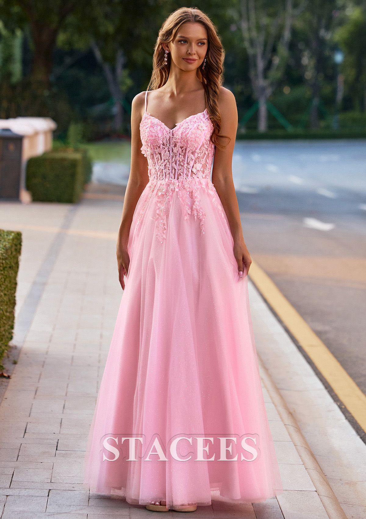 Blushing Pink A-line V Neck Floral Applique Sheer Corset Glittered Tulle Prom Dress - STACEES