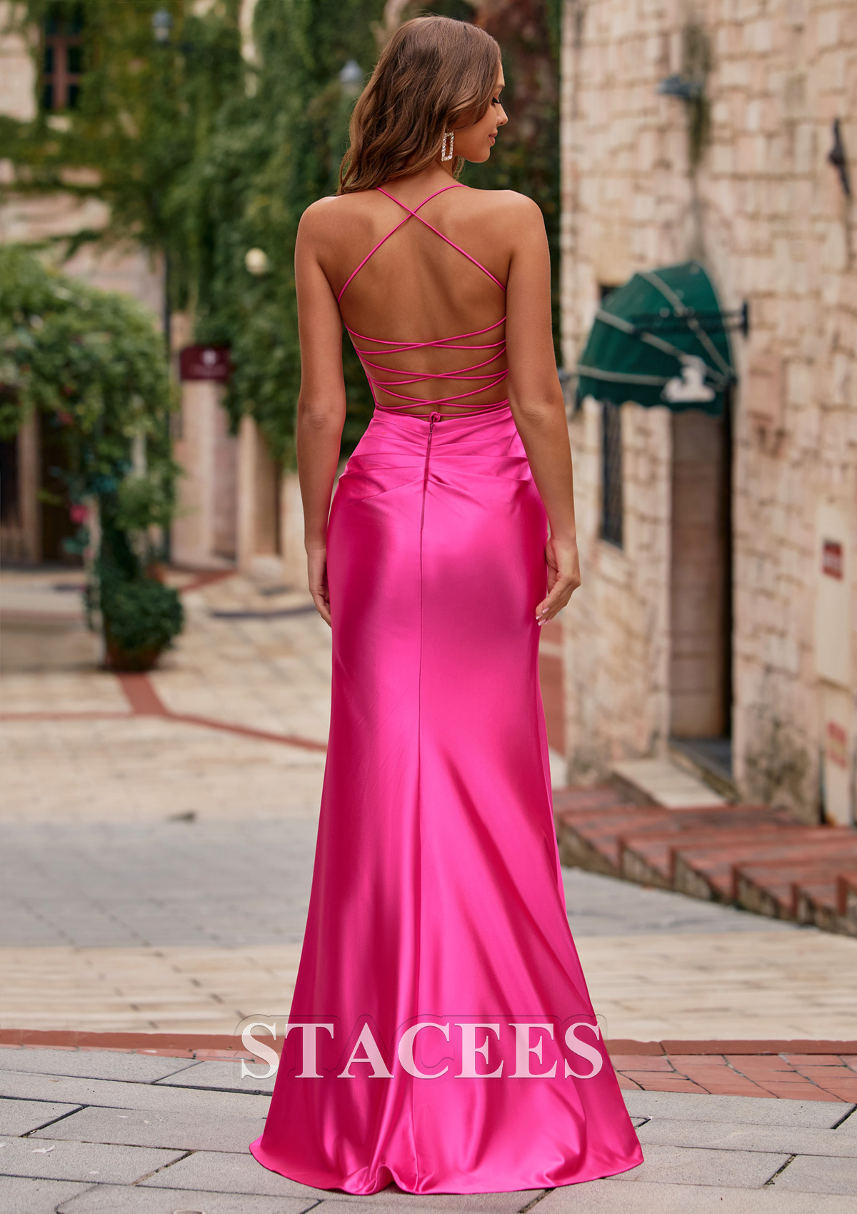 Rose Vif Fourreau scoop soie comme du satin longueur ras du sol robe de bal avec plissé fendue - STACEES