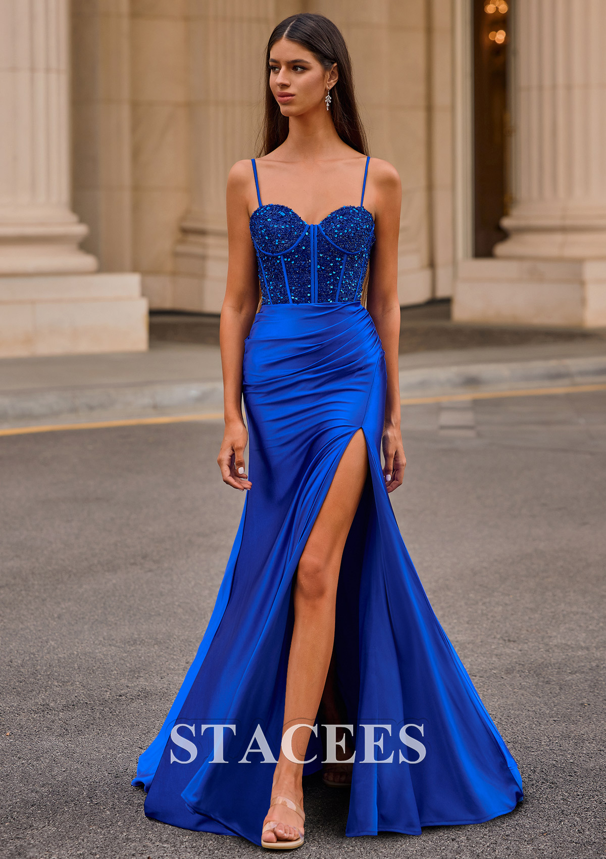 Royal Blue Tight Sweetheart Sequins Corset Silk like Satin Slit Prom Dress - STACEES