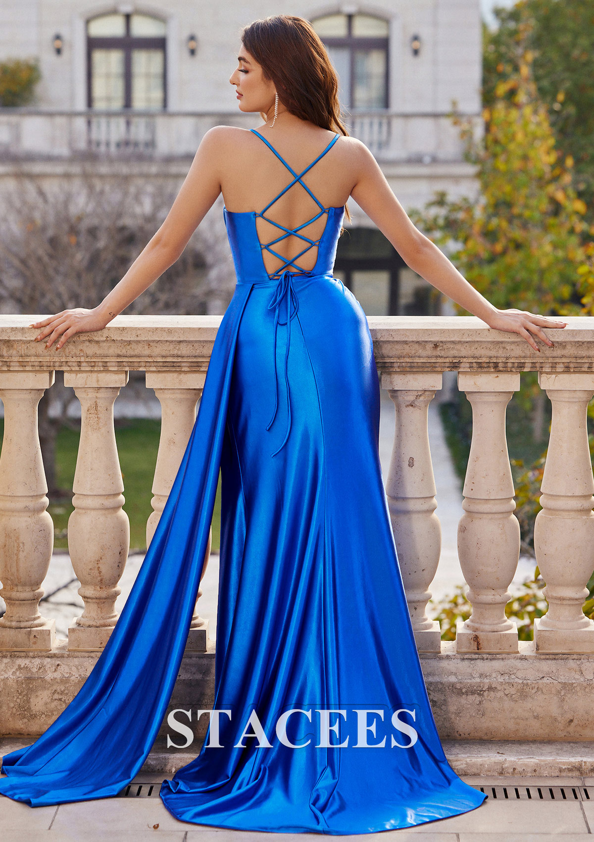 Bleu Océan Fourreau cache coeur soie comme du satin traîne balayage robe de bal - STACEES