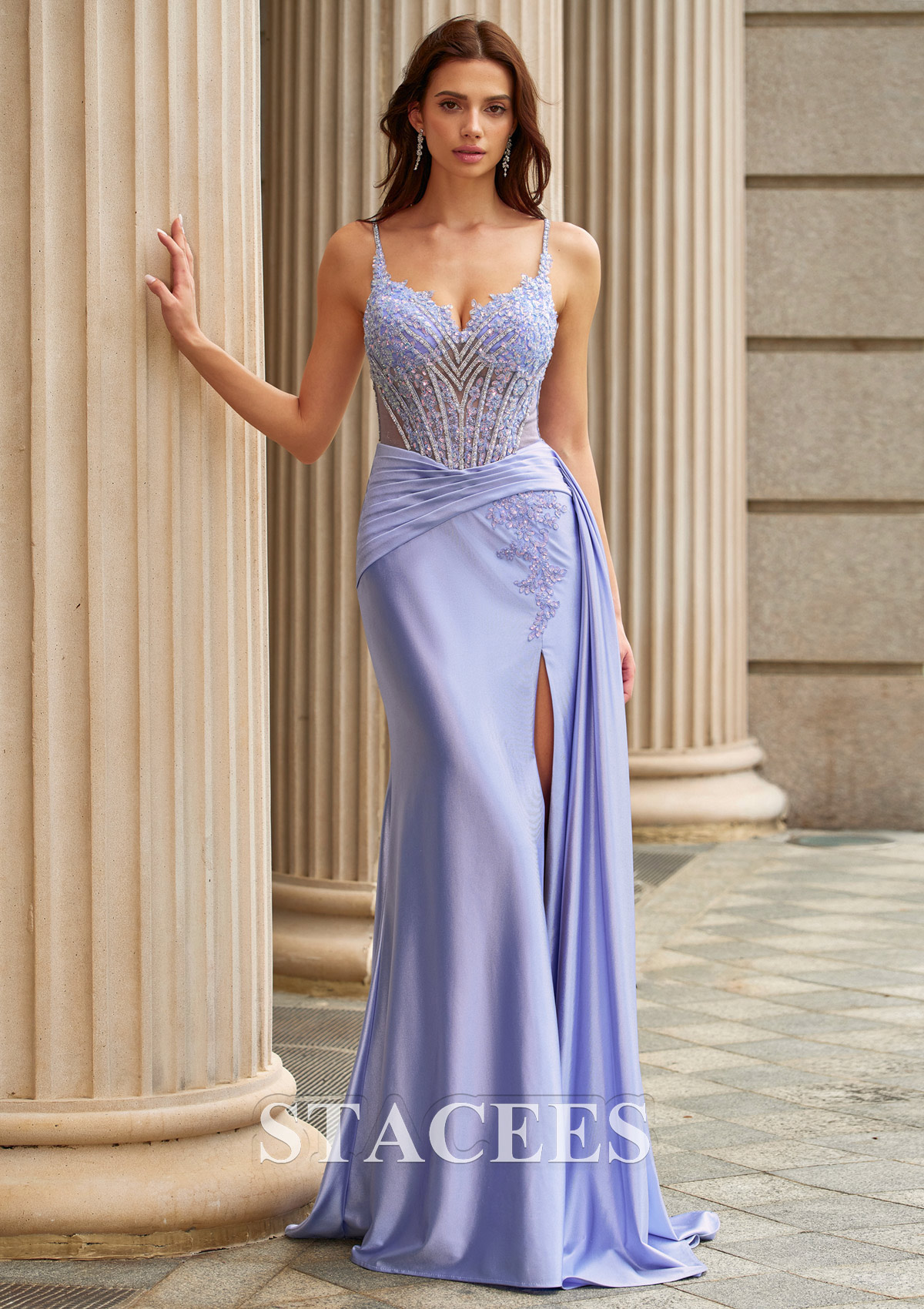 Lavande Fourreau col en v soie comme du satin traîne balayage robe de bal avec paillettes drapé latéral fendue - STACEES