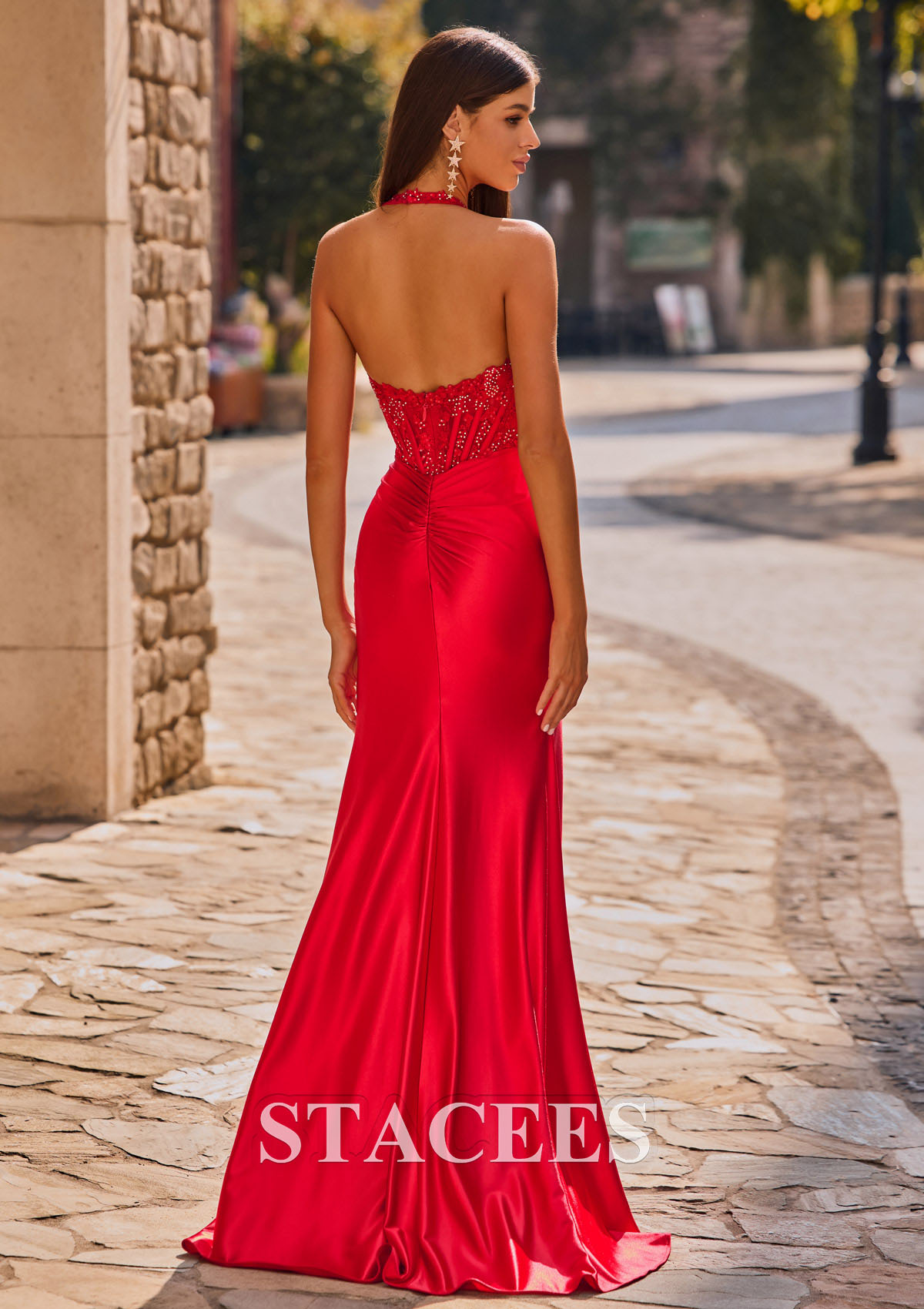 Red Trumpet/Mermaid Halter Silk like Satin Sweep Train Prom Dress with Appliqued Beading Pleated Sequins Split - STACEES