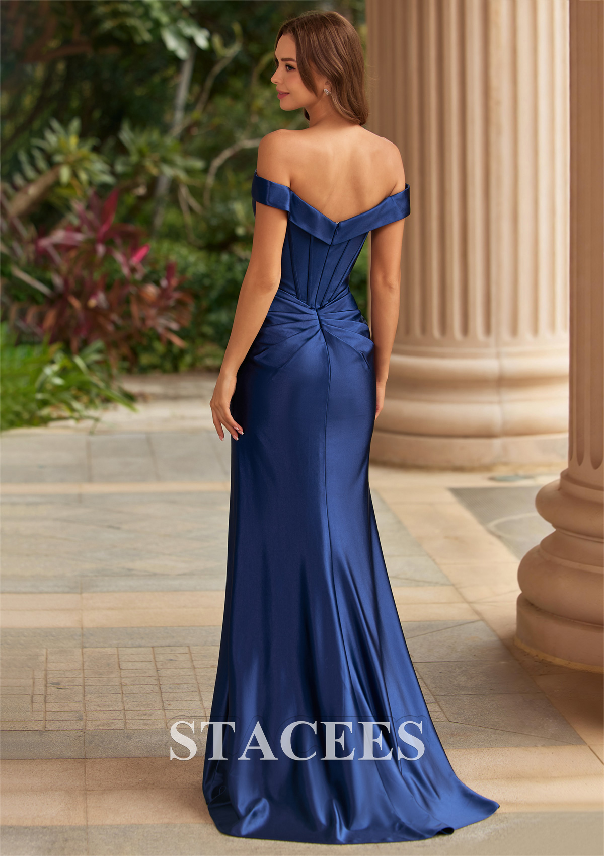 Navy Blue Elegant Off-Shoulder Ruched Corset Silk like Satin Prom Dress with High Slit - STACEES