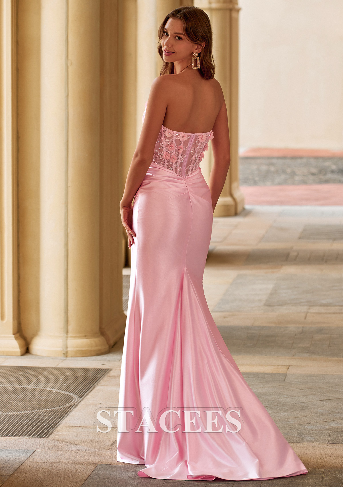 Blushing Pink Mermaid Strapless Floral Lace Corset Ruched Prom Dress with Slit - STACEES