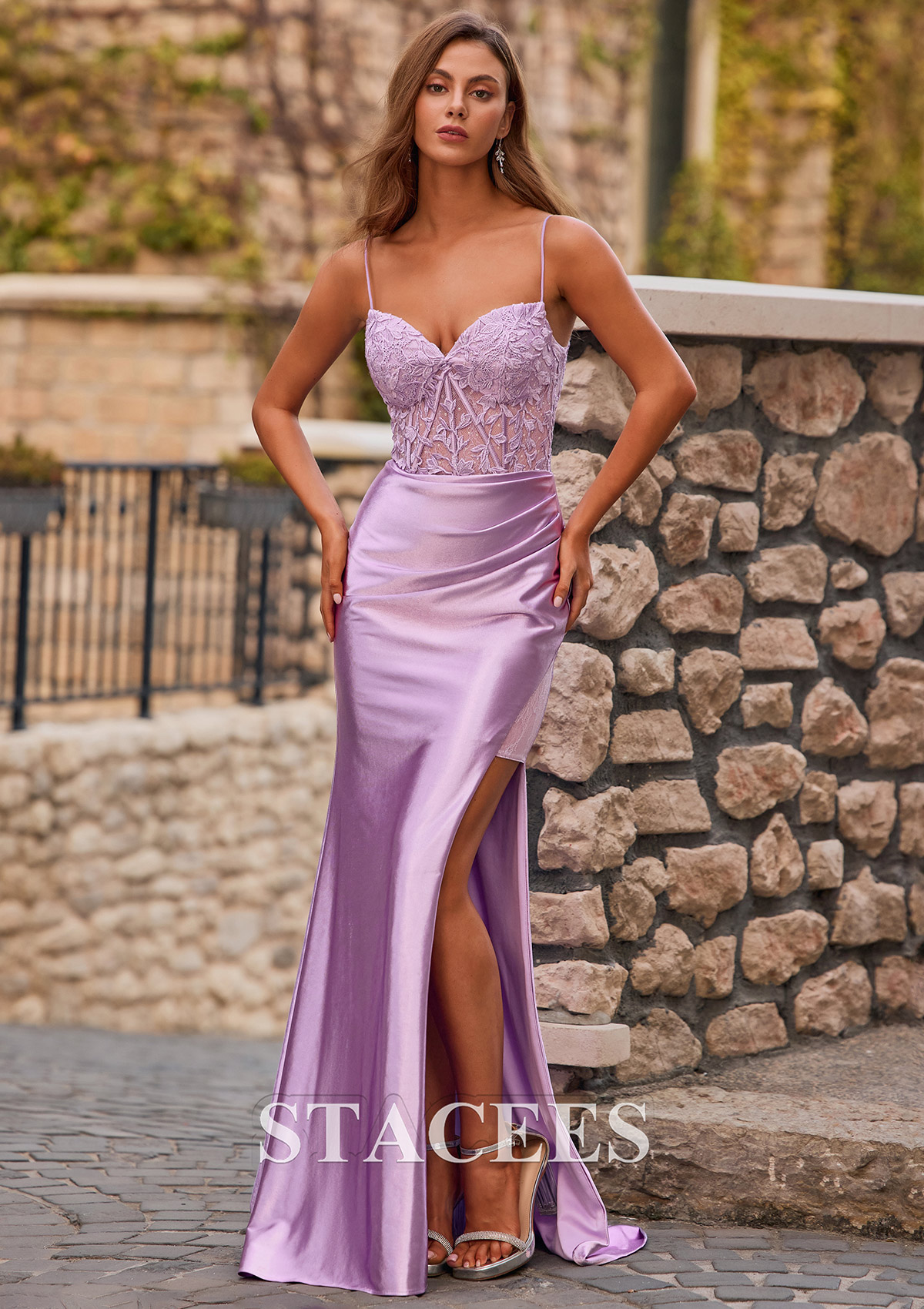 Lilac  Mermaid V Neck Silk like Satin Sheer Corset Slit Prom Dress  - STACEES