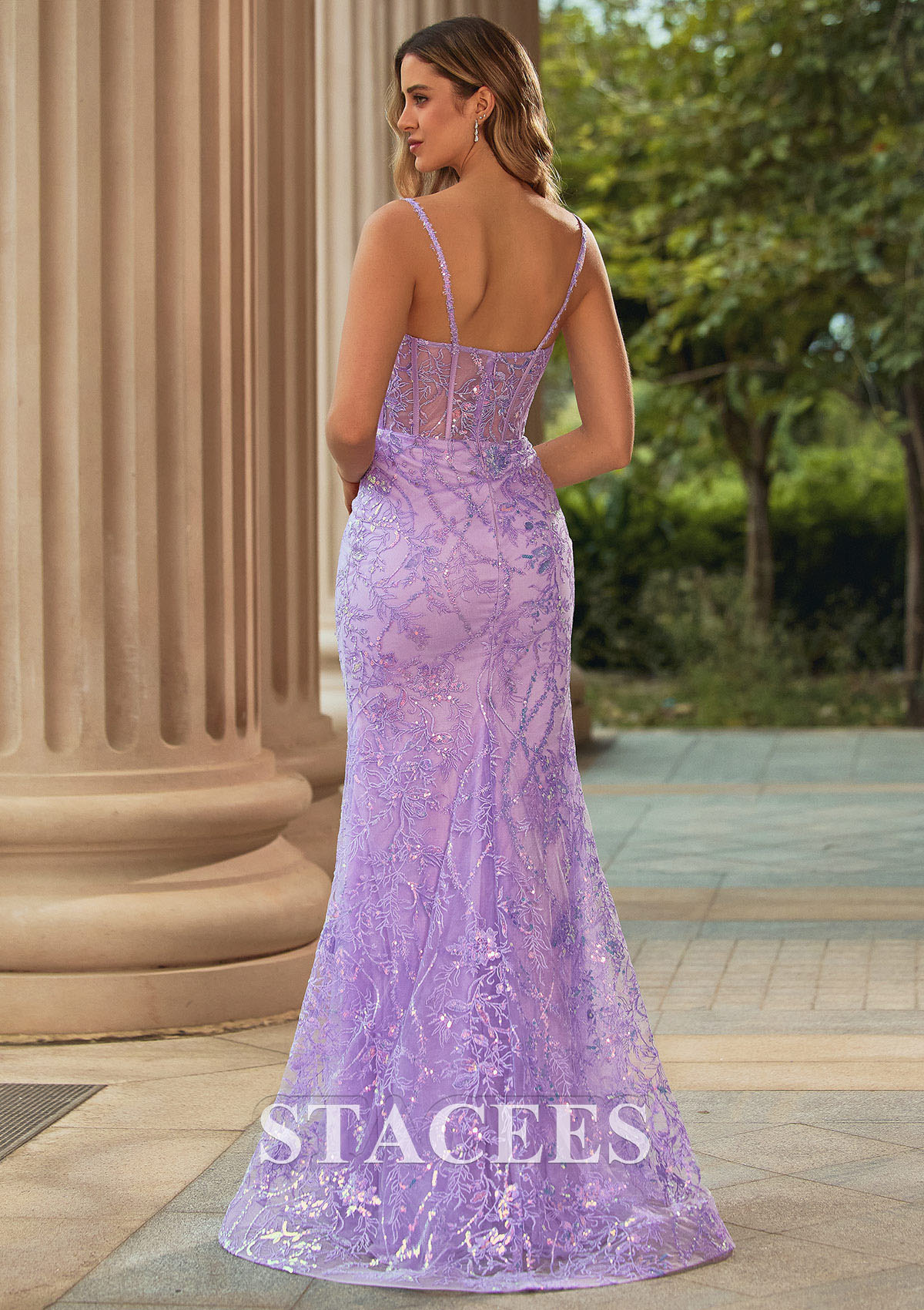 Lilac Sparkly Mermaid Floral Sequin Lace Prom Dress with Sheer Boned Bodice - STACEES