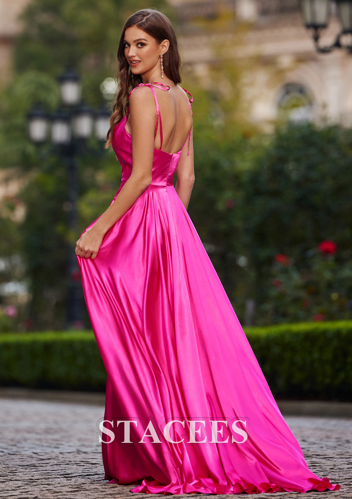 Fuchsia A-line Cowl Neck Court Train Charmeuse Prom Dress with Pleated Split - STACEES