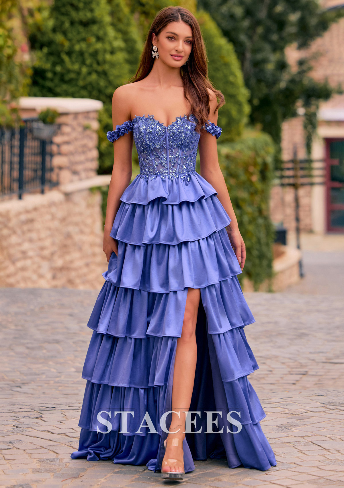 high low beaded dress A-line Off-Shoulder Corset Tiered Ruffle Prom with Slit S8932P - Prom Dresses Shoe size:12 / 45 Long skirt drops smoothly little girls dress Plus Size Black Dress