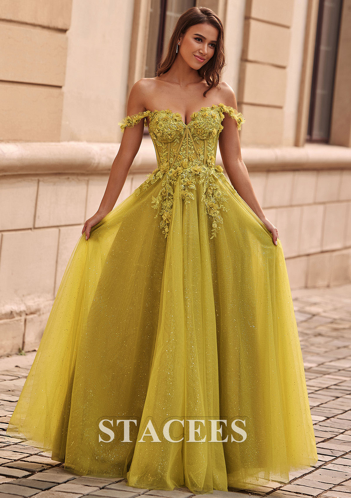 As Picture A-line Applique Sheer Corset Off-the-Shoulder Glitter Tulle Prom Dress - STACEES