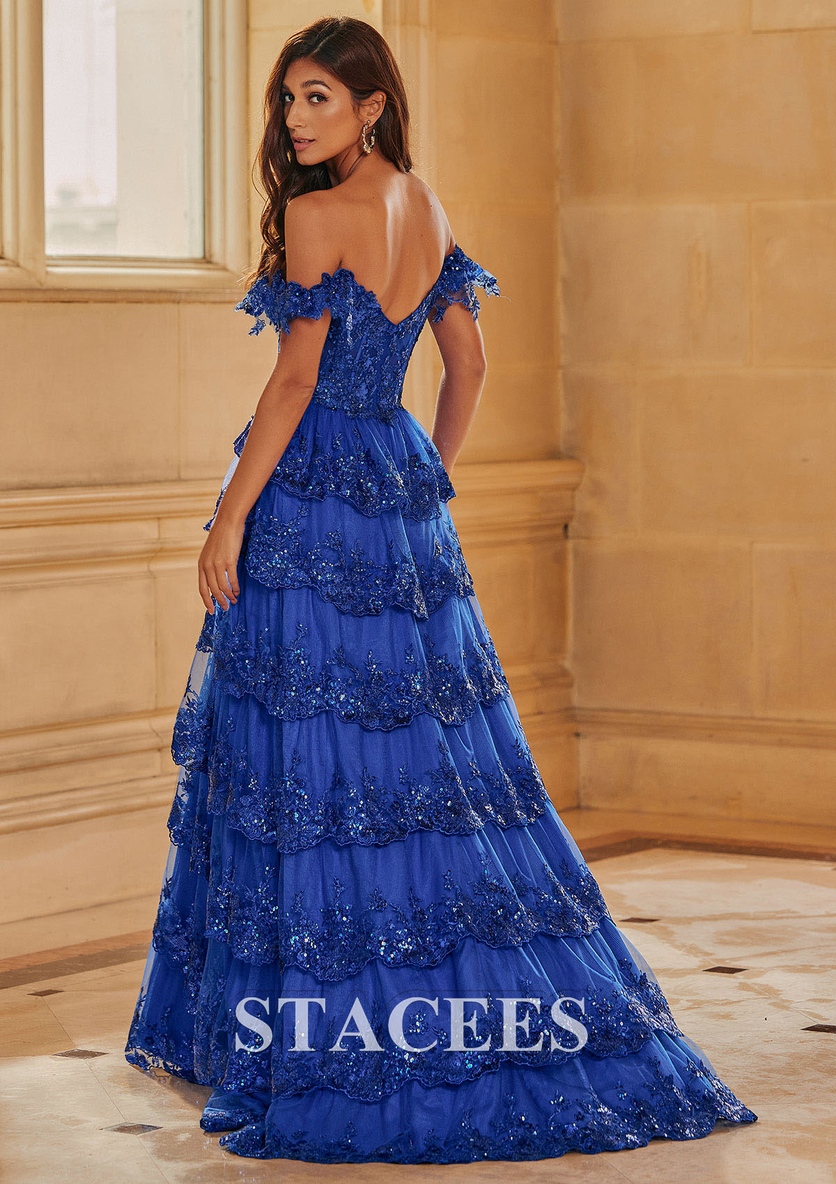 Bleu Océan Trapèze épaule dénudée tulle traîne balayage robe de bal  - STACEES