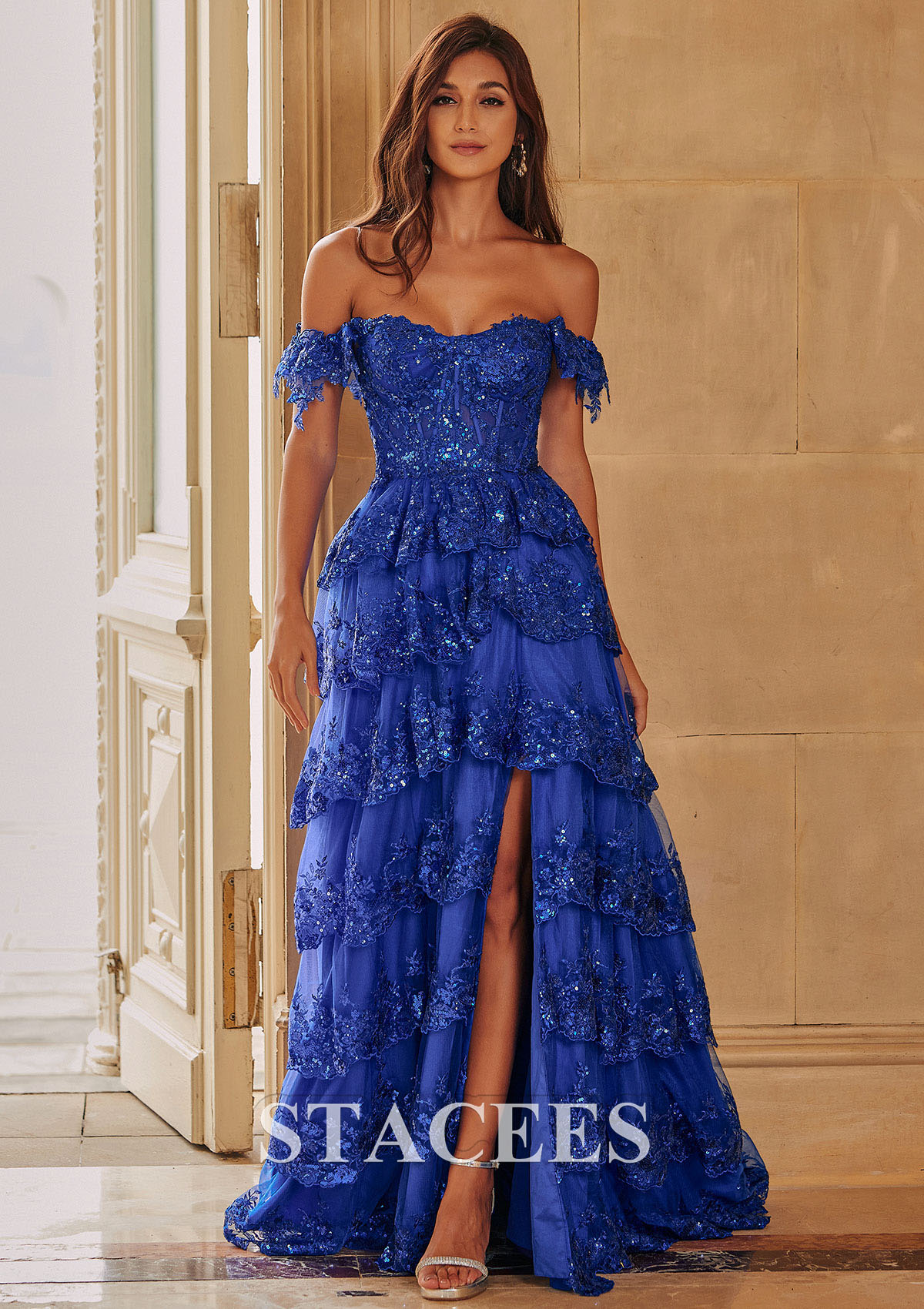 Bleu Océan Trapèze épaule dénudée tulle traîne balayage robe de bal  - STACEES