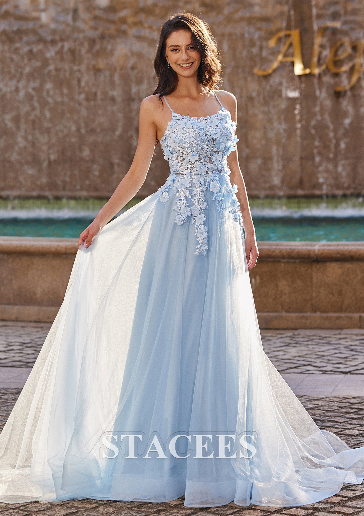 Bleu Ciel Robe trapèze princesse carrée tulle traîne balayage robe de bal - STACEES