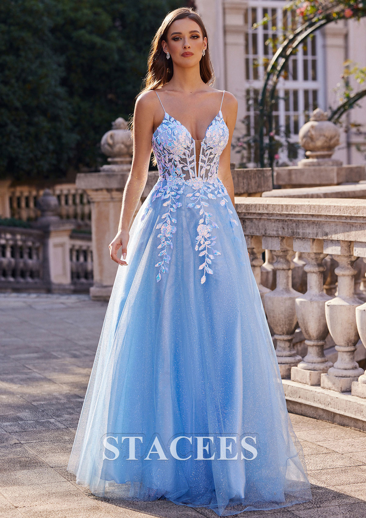 Bleu Ciel Trapèze robe princesse col en v tulle ras du sol robe de bal - STACEES