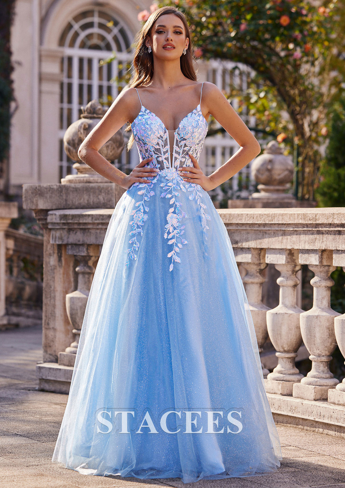 Bleu Ciel Trapèze robe princesse col en v tulle ras du sol robe de bal - STACEES