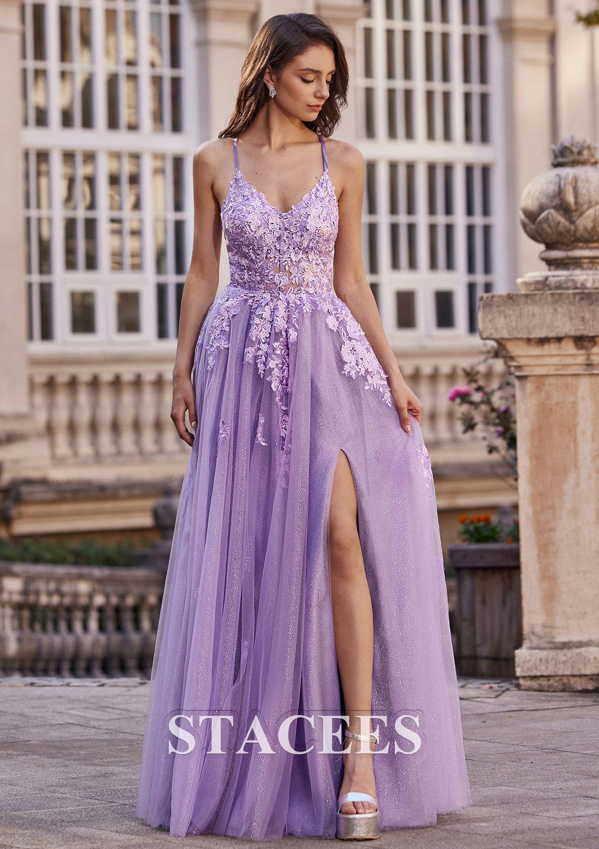 Lilac A-line Princess V Neck Floor-Length Tulle Prom Dress with Glitter Appliqued Beading Split - STACEES
