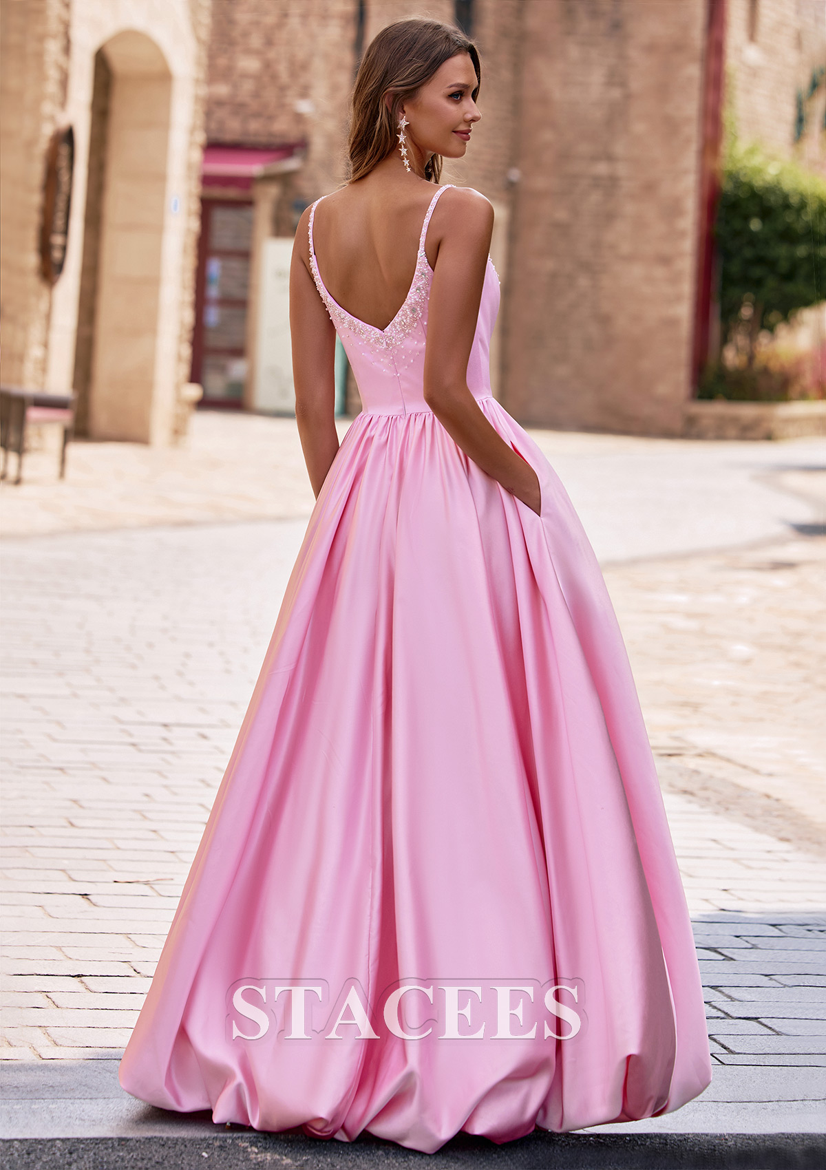 Candy Pink Ball Gown Beads Spaghetti Strap Bodice Bubble Hem Prom Dress with Pockets - STACEES