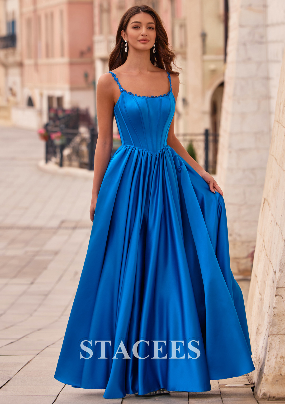 Ocean Blue Lace Spaghetti Straps Corset A-Line Satin Ball Gown Prom Dress with Pockets - STACEES