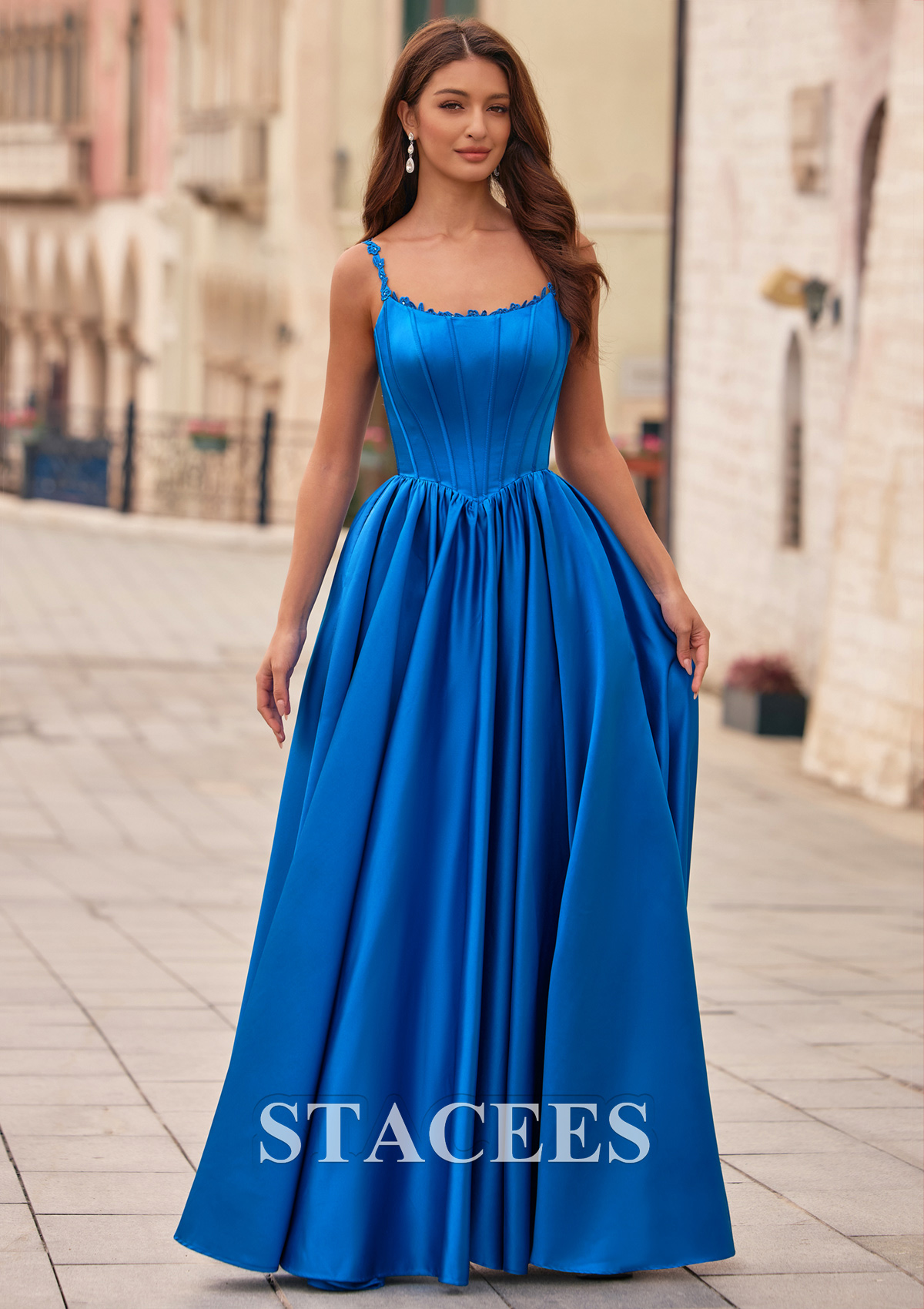 Ocean Blue Lace Spaghetti Straps Corset A-Line Satin Ball Gown Prom Dress with Pockets - STACEES