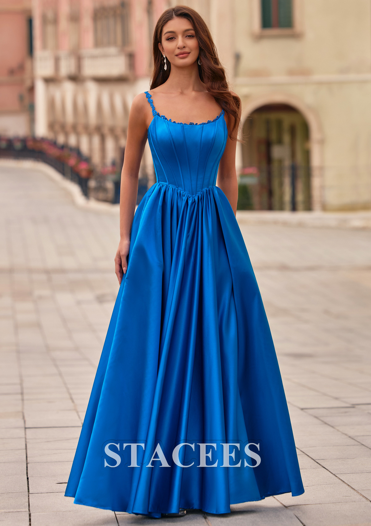 Ocean Blue Lace Spaghetti Straps Corset A-Line Satin Ball Gown Prom Dress with Pockets - STACEES