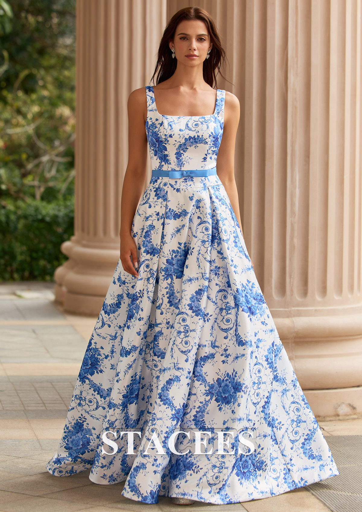 Floral bleu océan Trapèze carrée satin traîne balayage robe de bal avec ceintures imprimé floral - STACEES