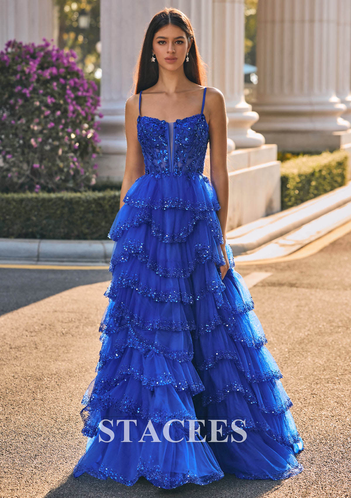 Bleu Océan Trapèze carrée tulle traîne balayage robe de bal - STACEES
