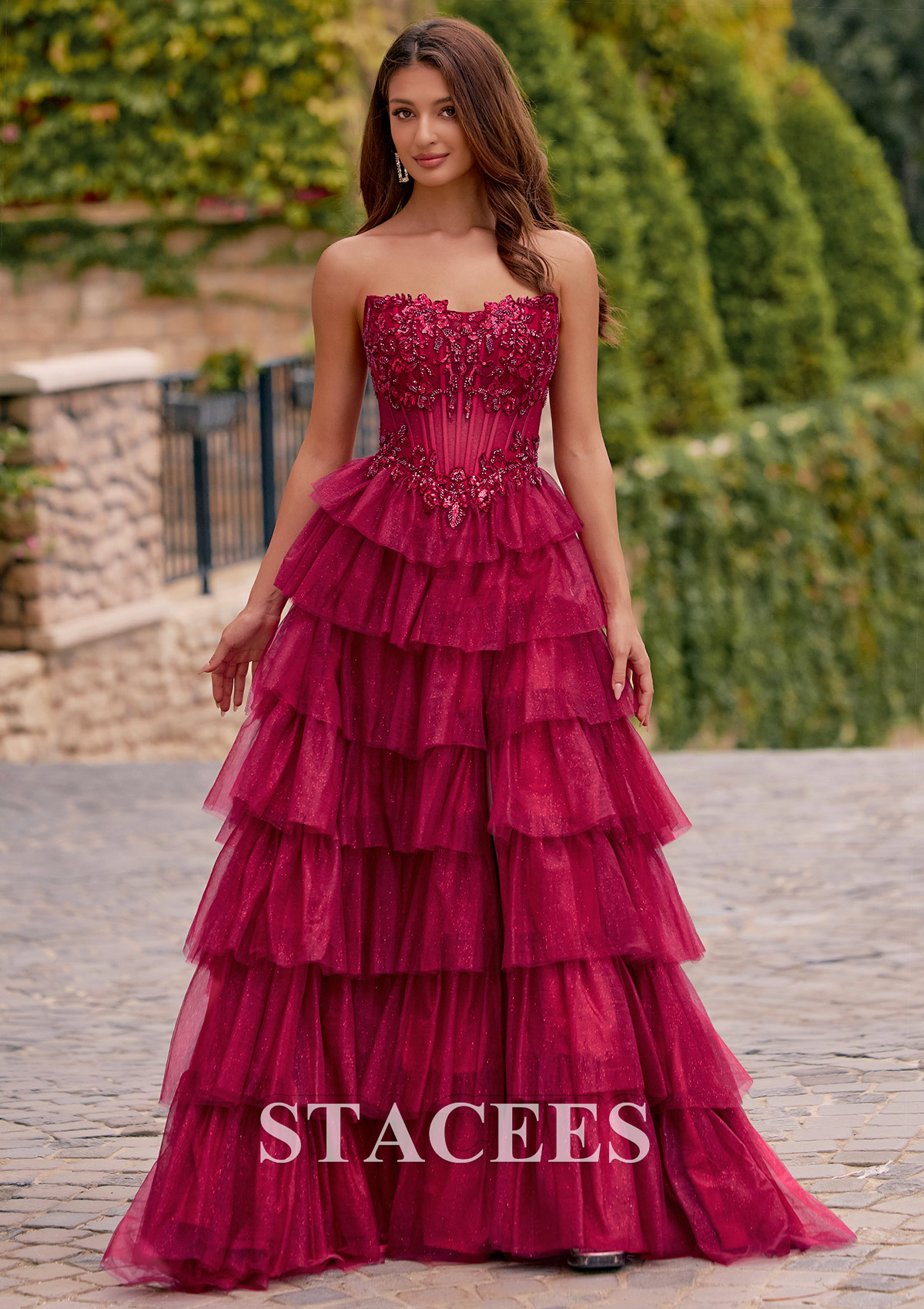 Burgundy A-line Strapless Embellished Corset Tiered Ruffle Glitter Tulle Prom Dress with Slit - STACEES