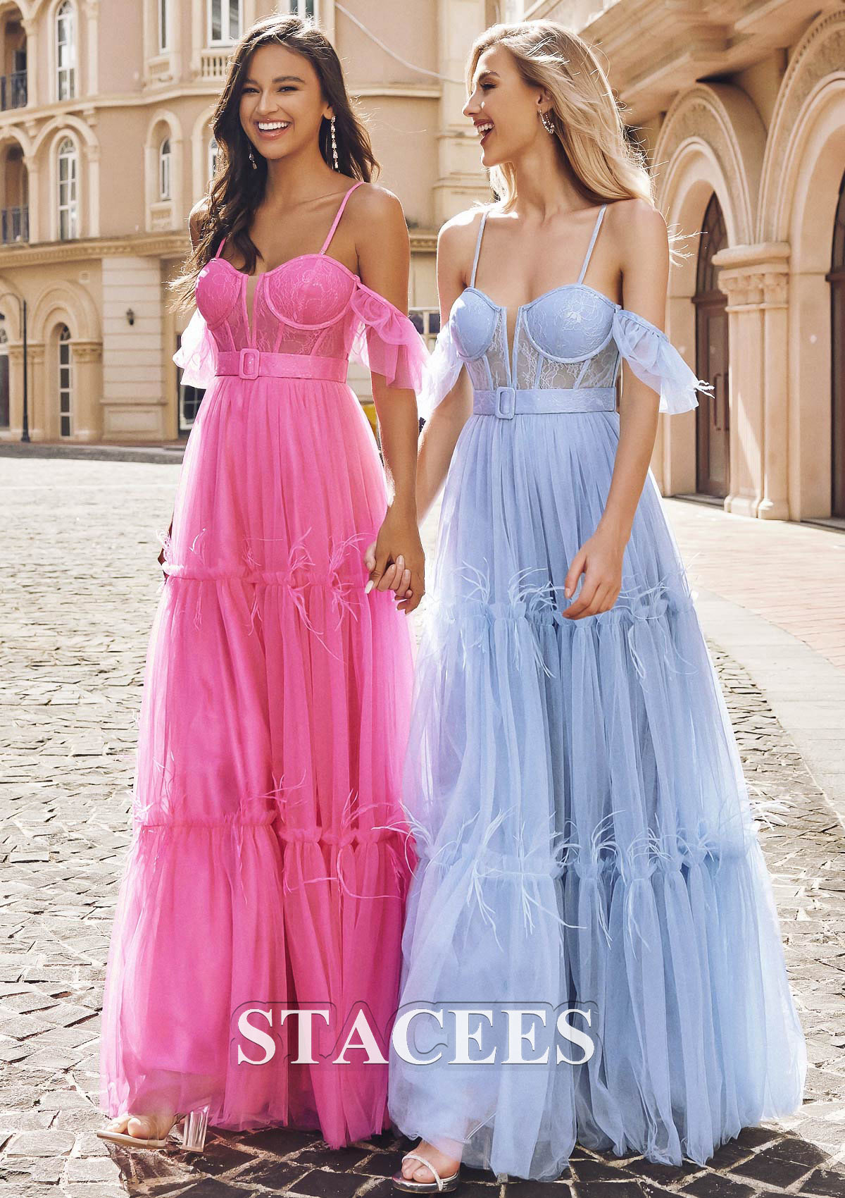 Sky Blue Vestido línea a cuello de corazón tul hasta el suelo vestido de graduación - STACEES