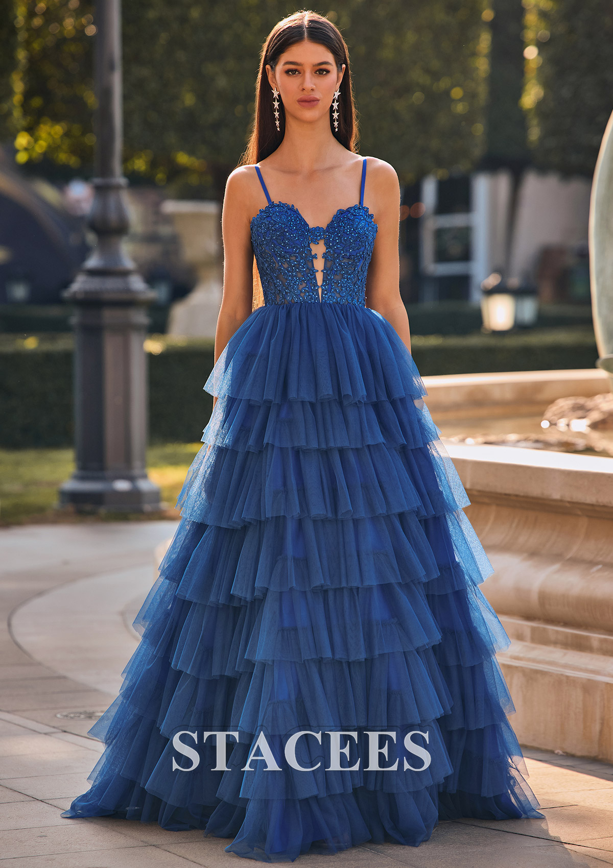 As Picture A-line Sweetheart Tulle Sweep Train Prom Dress with Appliqued Beading Ruffles - STACEES