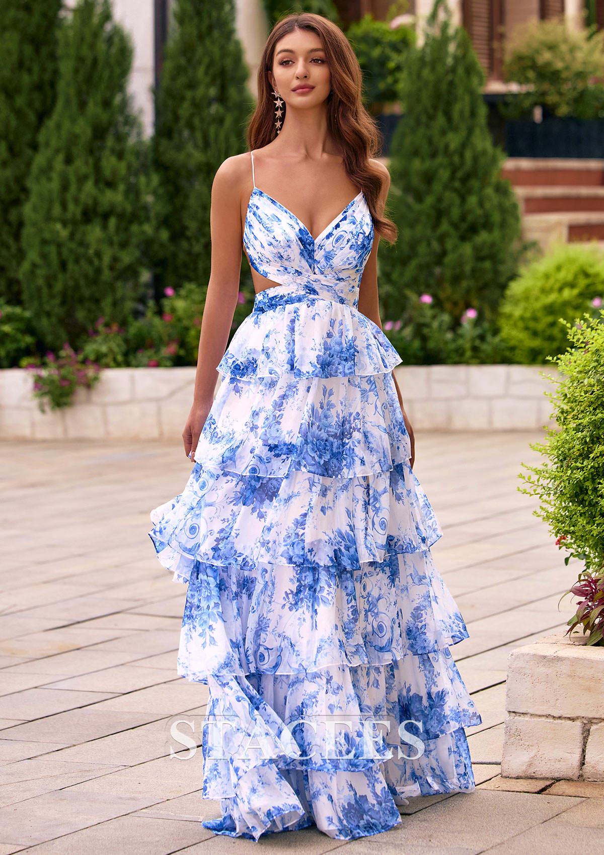Floral bleu océan Trapèze col en v mousseline longueur ras du sol robe de bal avec fendue imprimé floral - STACEES