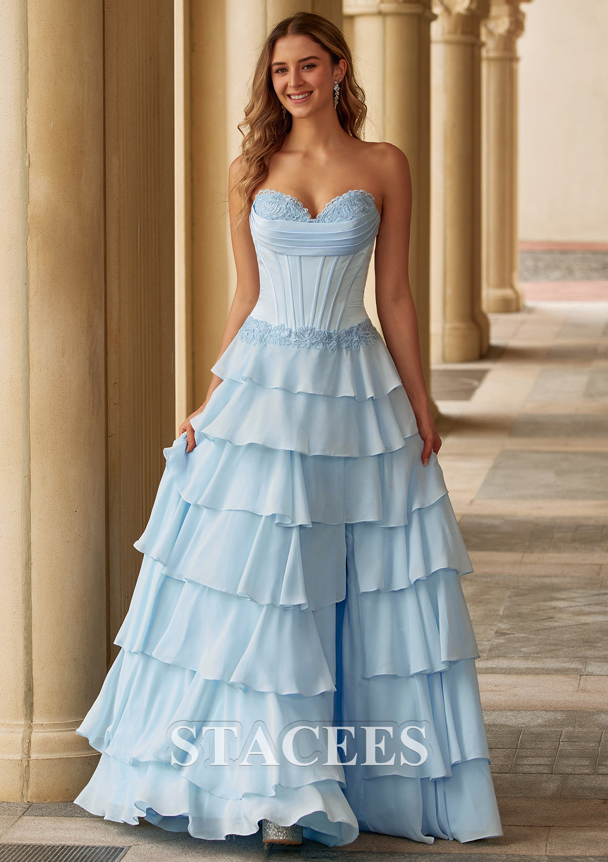 Sky Blue A-line Pleated Strapless Corset Tiered Ruffle Chiffon Prom Dress with Slit - STACEES