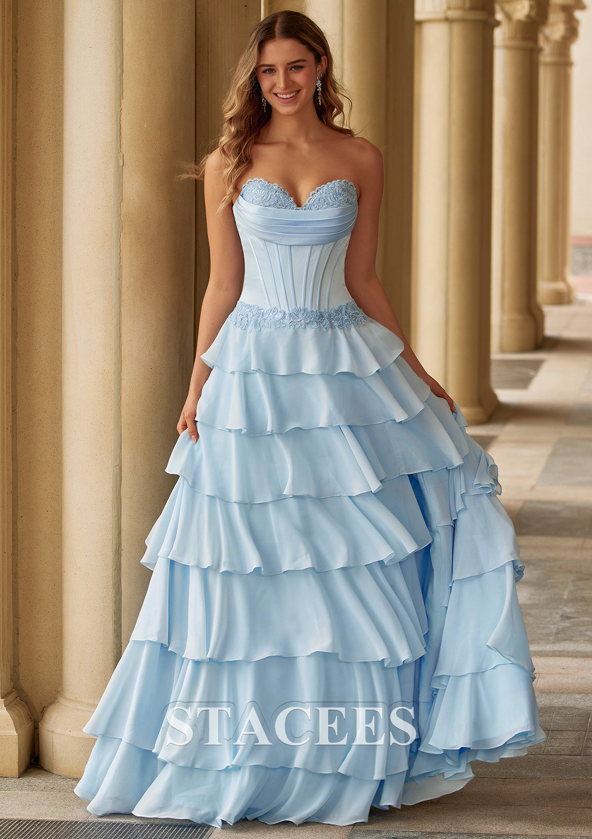 Sky Blue A-line Pleated Strapless Corset Tiered Ruffle Chiffon Prom Dress with Slit - STACEES