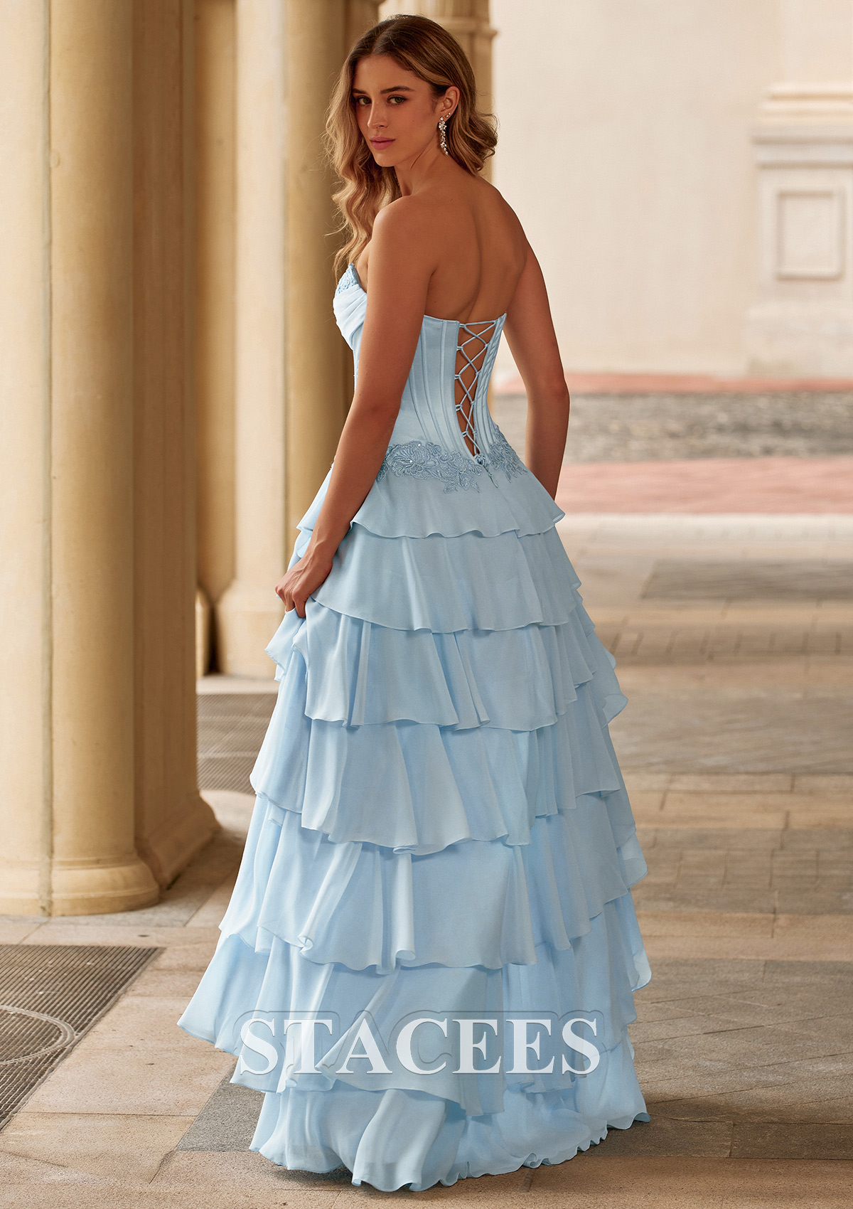 Sky Blue A-line Pleated Strapless Corset Tiered Ruffle Chiffon Prom Dress with Slit - STACEES
