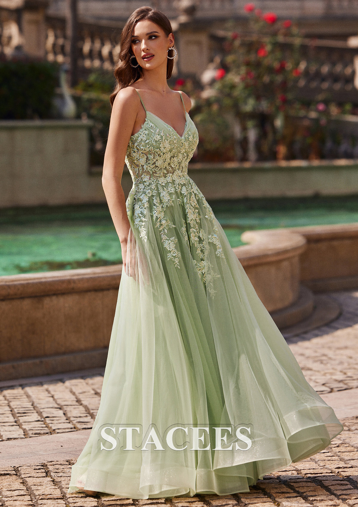 Sauge Trapèze col en v tulle ras du sol robe de bal - STACEES