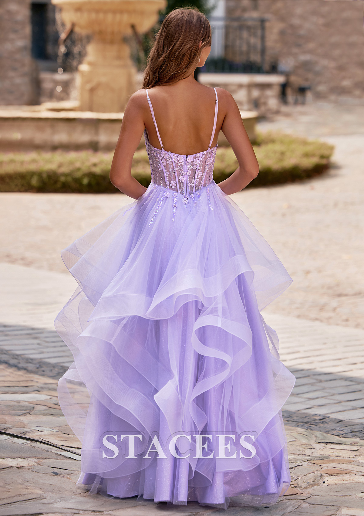 Lilac Spaghetti Strap A-Line Floral Embroidery Corset Ruffled Prom Dress - STACEES