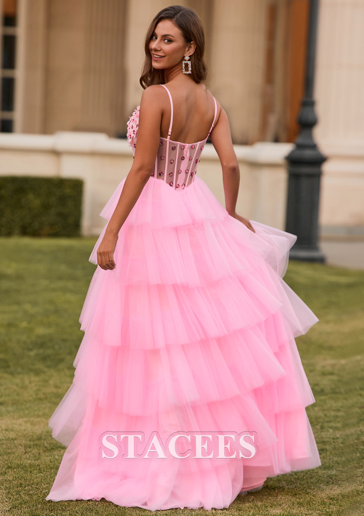 Candy Pink Vestido línea a escote en v tul cola de barrido vestido de graduación - STACEES