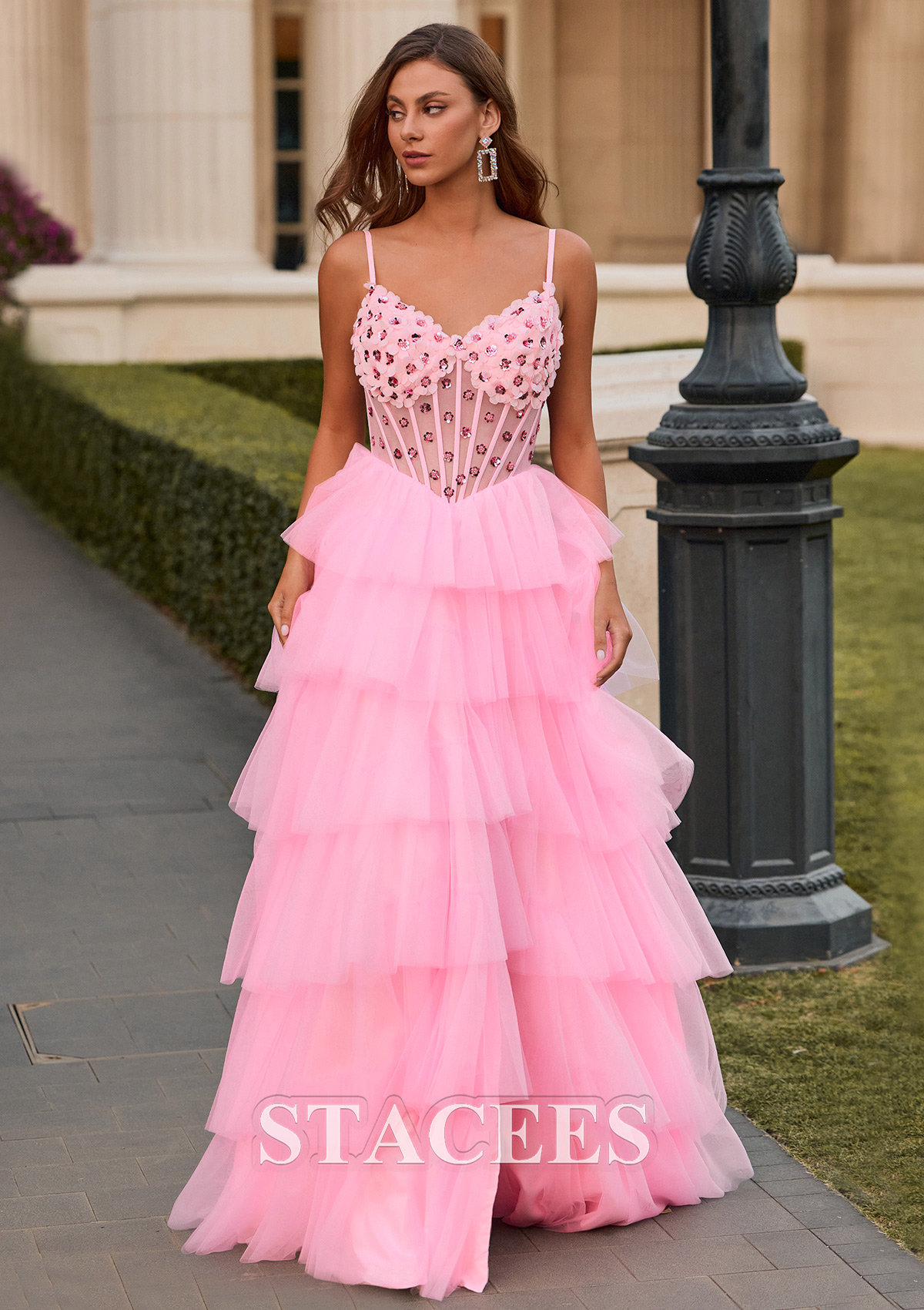 Candy Pink Vestido línea a escote en v tul cola de barrido vestido de graduación - STACEES