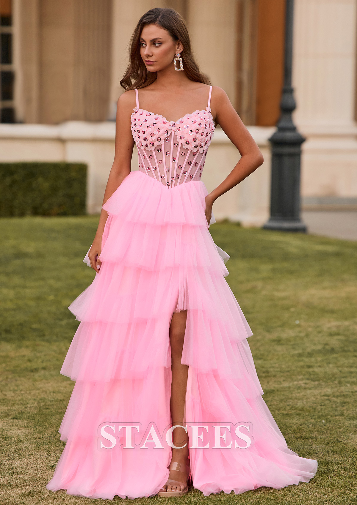 Candy Pink Vestido línea a escote en v tul cola de barrido vestido de graduación - STACEES