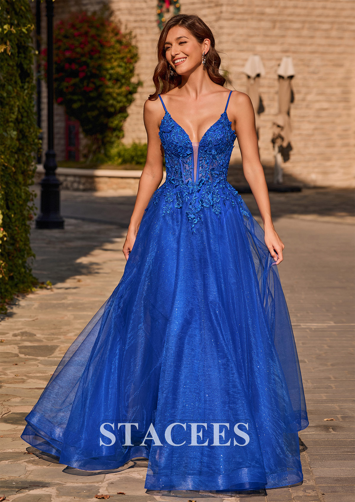 Ocean Blue A-line V Neck Glitter Tulle Prom Dress with Butterfly Applique - STACEES