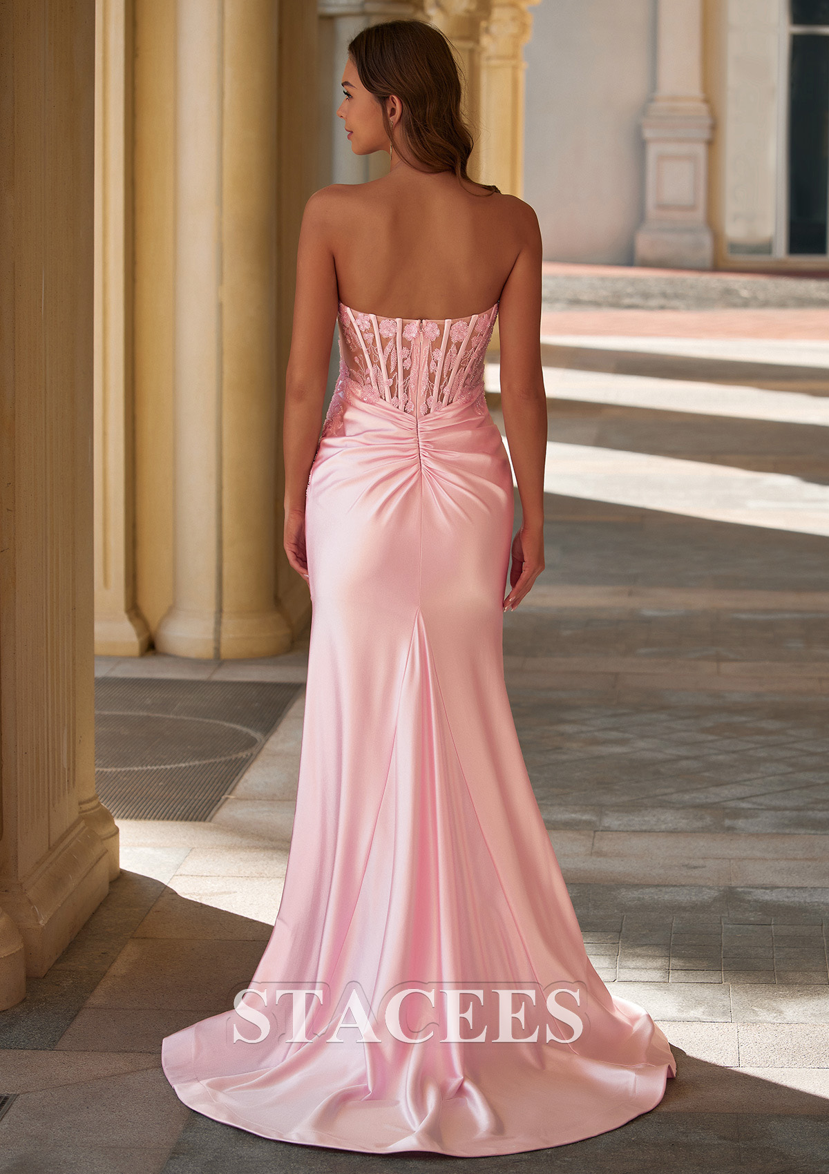 Blushing Pink Strapless Beaded Applique Corset Mermaid Prom Dress with Slit - STACEES