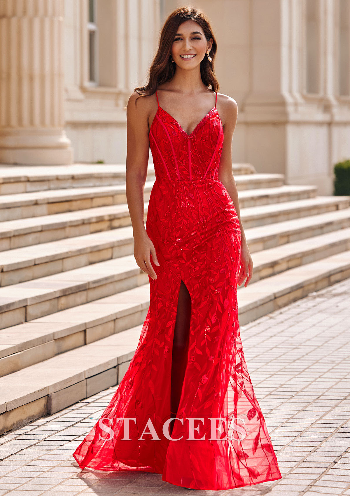 Red Sheath V Neck Tulle Sweep Train Leaf Sequins Slit Prom Dress - STACEES