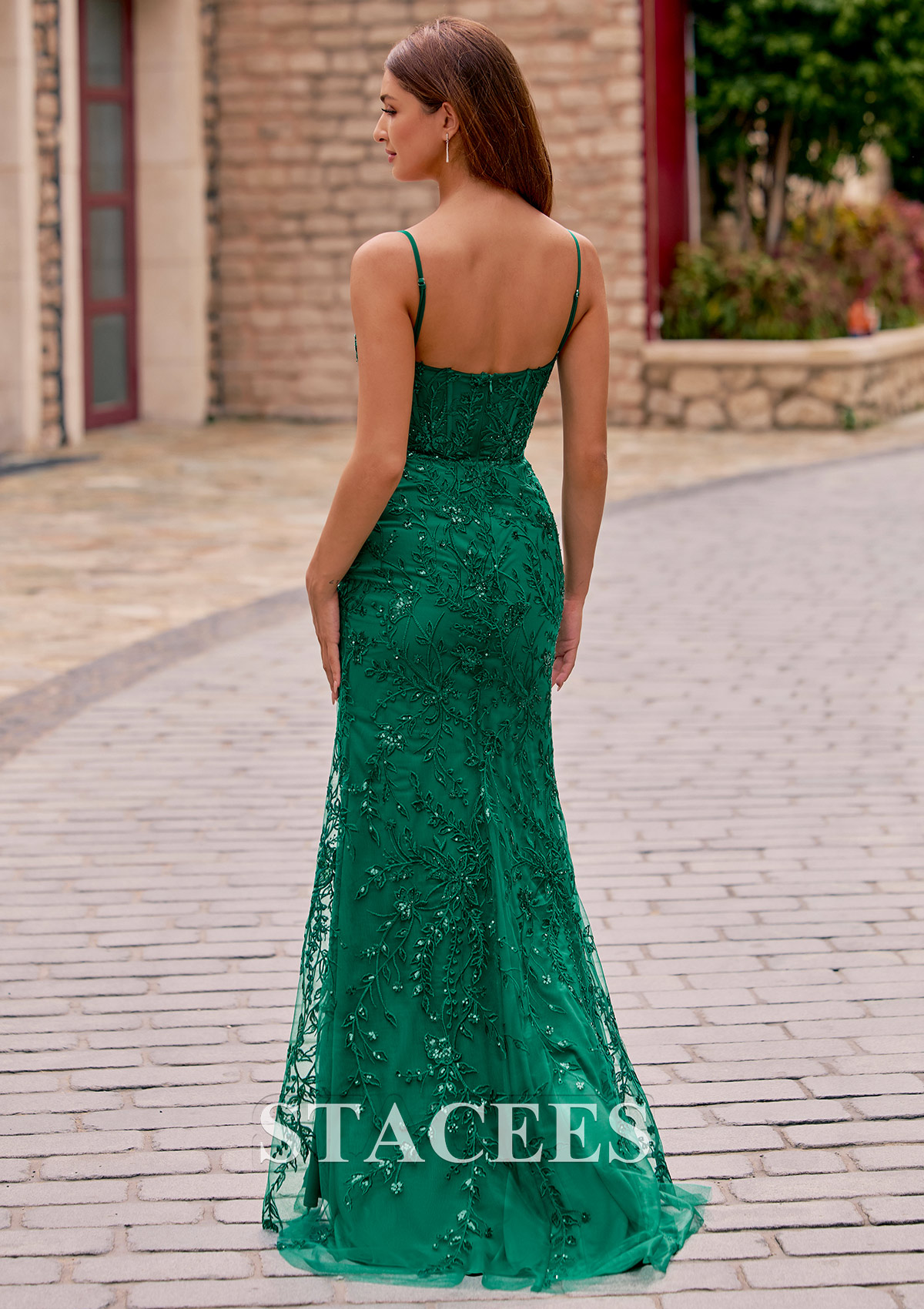 Dark Green Fitted Plunging V Neck Beaded Leaf Lace Corset Prom Dress with Slit - STACEES